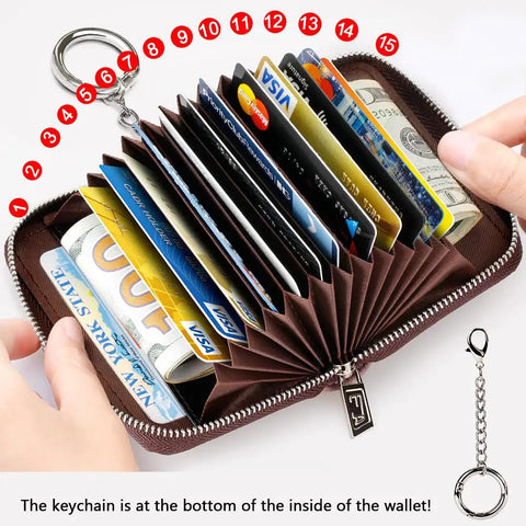 RFID Blocking Zipper Wallet For Women With 16 Card Slots And 2 Cash Pockets Compact Keychain Wallet In Multi Color Options open view
