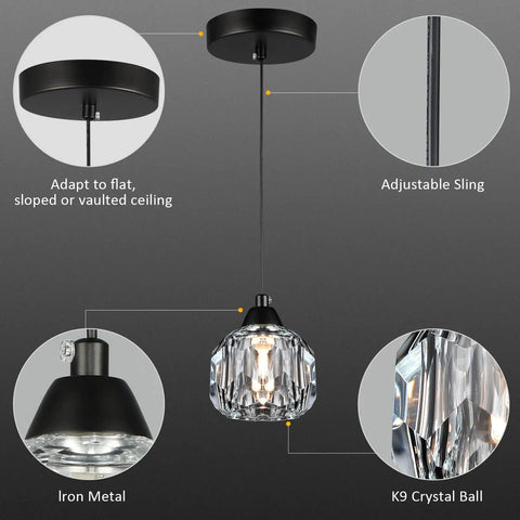 Three Light Matte Black Pendant Lighting With Transparent Glass Shades and adjustable sling for kitchen or dining area.