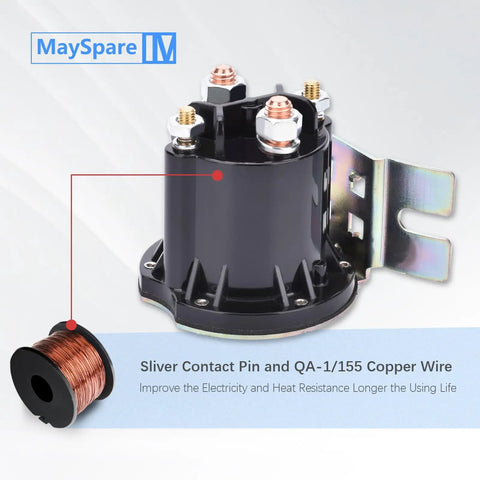 High Output 12V Solenoid Relay Switch Four Terminal DC Contactor With Trombetta Power Seal showing copper wire and contact pins.