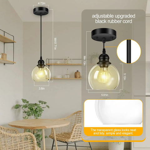 Dope Matte Black Pendant Light For Kitchen Island With Clear Glass Globe Shade, 71 Inch Adjustable Hanging Lamp, room setting