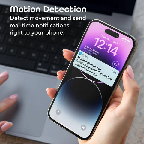 Glimpse Indoor Security Cam, 1080p HD Video alert notification displayed on smartphone held in hand, showcasing motion detection feature.