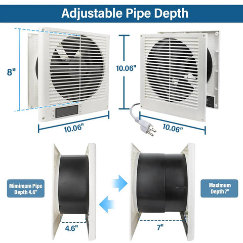 8 Inch In Wall Vent Fan For Room To Room Air Transfer, 10 Speed Remote Control, Two Way Reversible Airflow, Adjustable Depth