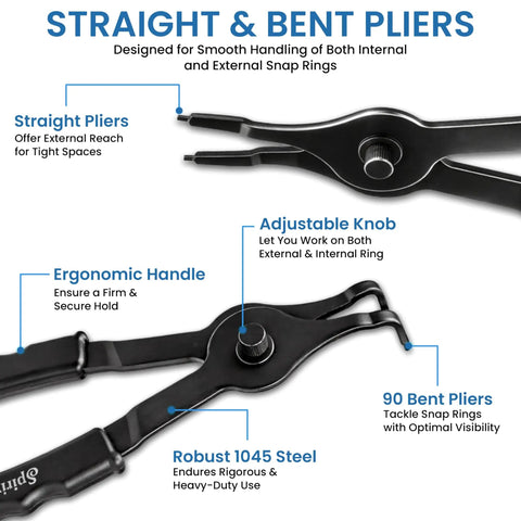 All In One Pro Grade Ring Pliers Set 10 Piece Kit showing straight and bent pliers with ergonomic handle and robust 1045 steel.