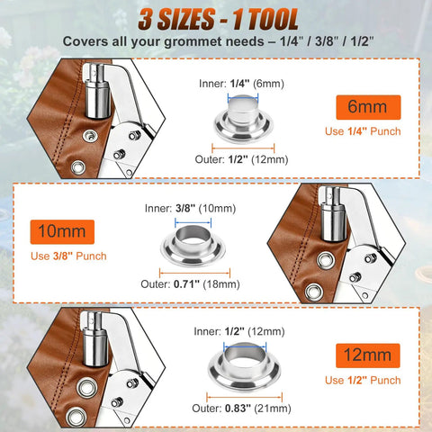 Pro Grade Complete Three Size Grommet Tool Kit with Dies for 1/4, 3/8, 1/2 Inch Grommets, Includes 600 Silver Grommets Eyelets