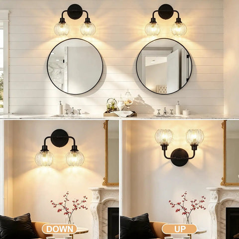 TODOLUZ 2-Light Clear Ribbed Glass Wall Sconce Lighting, Modern Farmhouse Bathroom Vanity Lighting Over Mirror for Kitchen Hallway Living Room, E26 Bulb Base, showcasing wall sconce with ribbed glass shades and mirrors.