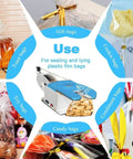 Premium Automatic Twist Tie Machine Electric Tool Fast Bundler shown sealing various bags like gifts, cookies, and toys.