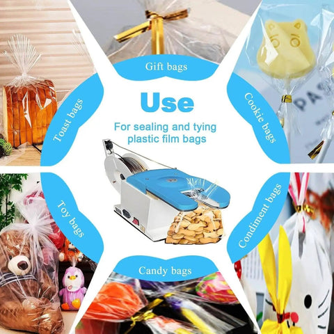 Premium Automatic Twist Tie Machine Electric Tool Fast Bundler shown sealing various bags like gifts, cookies, and toys.