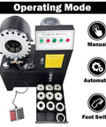 Rock Solid Electric Hose Crimping Machine For Hydraulic Tube Press With Ten Die Kits showing manual and automatic modes with foot switch.