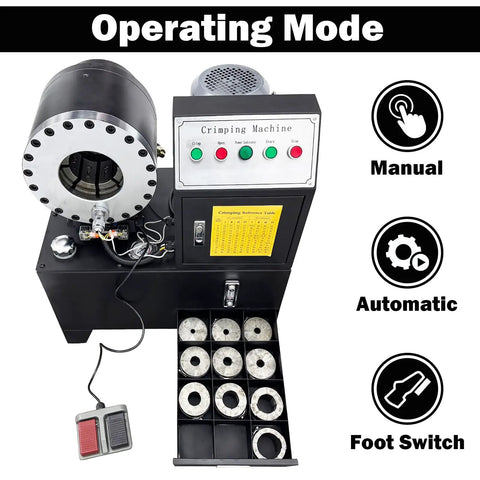 Rock Solid Electric Hose Crimping Machine For Hydraulic Tube Press With Ten Die Kits showing manual and automatic modes with foot switch.