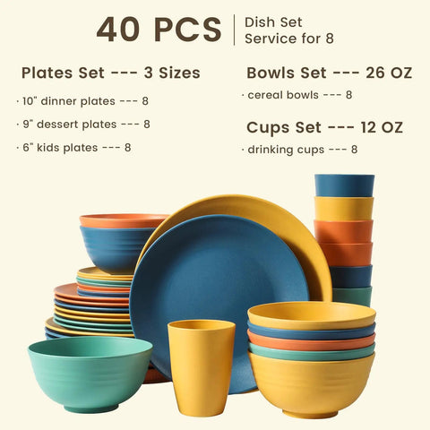 40 Piece Wheat Straw Dinnerware Set For 8 Unbreakable Plates And Bowls Includes 10 Inch Dinner Plates 9 Inch Dessert Plates 6 Inch Kids Plates 26 Oz Bowls 12 Oz Cups Low Maintenance Dishwasher And Microwave Safe Multi displayed in colors