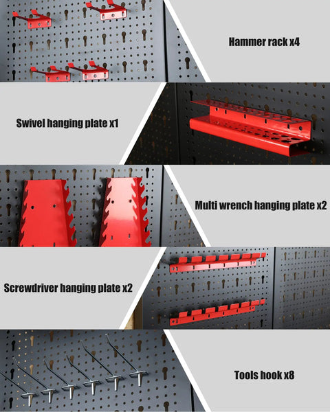 47 Inch Workbench With Pegboard And Double Storage Platform showing red and black pegboard tool organizers with hooks and shelves