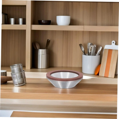 Heavy Duty Diamond Cup Grinding Wheel 100mm Silver Concave Abrasive Disc on wooden shelf for polishing and sharpening.