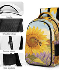 Go To Unisex Daypack With Large Capacity Sunflower Lavender Bee Farm Print Polyester Backpack Built To Last For School Travel And Everyday Adventures Durable Breathable Fabric Easy Cleanup, featuring close-ups of handle, strap, zipper, and pocket.