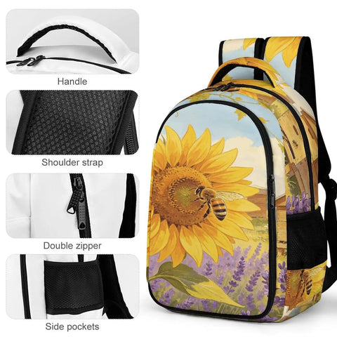 Go To Unisex Daypack With Large Capacity Sunflower Lavender Bee Farm Print Polyester Backpack Built To Last For School Travel And Everyday Adventures Durable Breathable Fabric Easy Cleanup, featuring close-ups of handle, strap, zipper, and pocket.