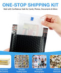 Hand inserting cards into black bubble mailer from All In One Trading Card Shipping Kit With 60 Bubble Mailers And 120 Card Protectors.