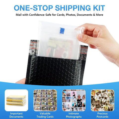 Hand inserting cards into black bubble mailer from All In One Trading Card Shipping Kit With 60 Bubble Mailers And 120 Card Protectors.