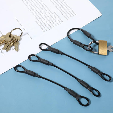 Heavy Duty Stainless Steel Wire Rope With PVC Coated Loop Ends, 5.9 Inch Braided Cable Lanyard Security Tether, shown with padlock