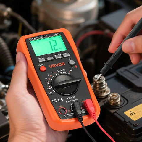 Person using All In One Digital Multimeter With 4000 Count TRMS Readouts For DC And AC Voltage And Current on car battery