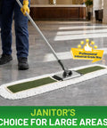 Heavy Duty Commercial Dust Mop And Floor Broom For Hardwood Surfaces With Secure Button Lock Handle And Wide Sweep Path For Quick Janitorial Cleanup Jobs Done Right on polished floor.