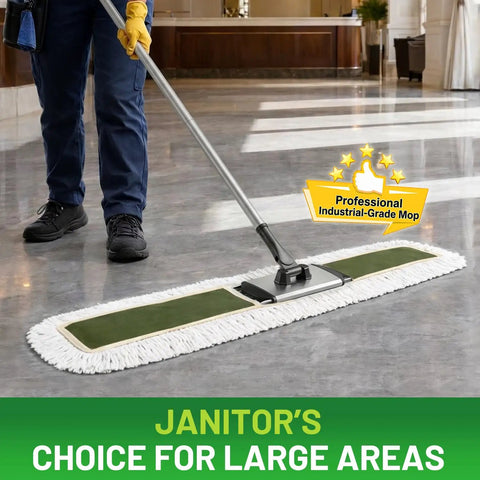 Heavy Duty Commercial Dust Mop And Floor Broom For Hardwood Surfaces With Secure Button Lock Handle And Wide Sweep Path For Quick Janitorial Cleanup Jobs Done Right on polished floor.