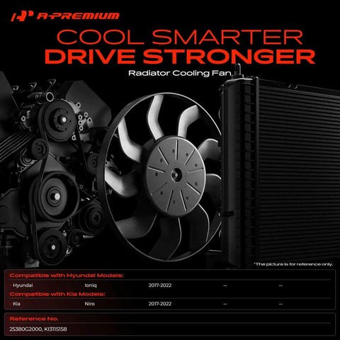 Heavy Duty Engine Radiator Cooling Fan Assembly With Embedded Control Module For Hyundai Ioniq Plus Kia Niro Vehicles 2017 To 2022 No Sweat Bolt On Swap displayed with black background.
