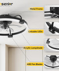 20 Inch Flush Mount Ceiling Fan With App Control And Led Lighting In Sleek Black Rock Solid Build For Low Ceilings Hella Quiet Airflow Totally Silent Perfect For Small Bedrooms Bunk Rooms And Tight Spaces showing metal frame, acrylic lampshade and ABS fan blades.