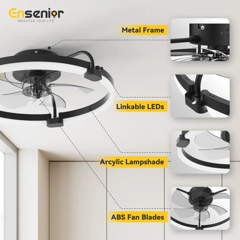 20 Inch Flush Mount Ceiling Fan With App Control And Led Lighting In Sleek Black Rock Solid Build For Low Ceilings Hella Quiet Airflow Totally Silent Perfect For Small Bedrooms Bunk Rooms And Tight Spaces showing metal frame, acrylic lampshade and ABS fan blades.