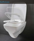 Premium White Elongated Square Front Soft Close Toilet Seat with soft close feature, displayed partially open, mounted on a wall.