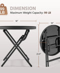 Outdoor Folding Round Patio End Table With Silk Tempered Glass Top And Lightweight Steel Frame showing dimensions and weight capacity.