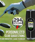 Swami Groove Golf GPS Speaker 2-In-1 Rangefinder showing club suggestions with personalized yardage on green field background.