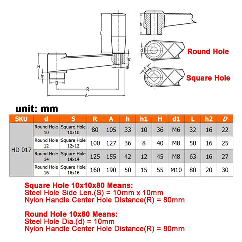 Diagram showing dimensions and mounting details for 3.15 Inch Nylon Crank Handle for drill press and milling machines.