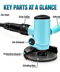 Close-up of 4 Inch Pneumatic Angle Grinder with labeled key parts like air inlet, grinding disc, and protective guard.