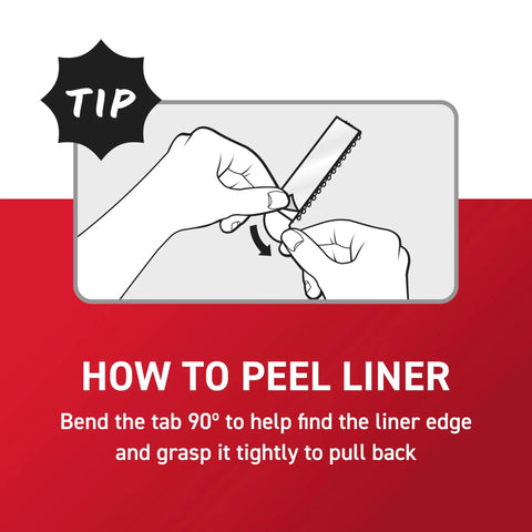 Instructional graphic showing hands peeling the liner from a white adhesive picture-hanging strip