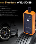 No Hassle Tpms Relearn Tool For Gm Cars El 50448, handheld tool on tire, black device with orange casing showing functions.