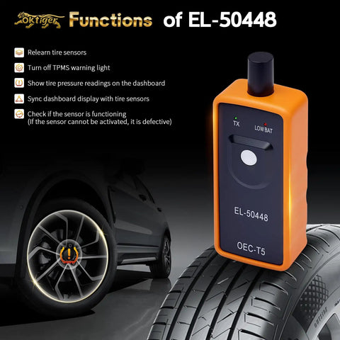 No Hassle Tpms Relearn Tool For Gm Cars El 50448, handheld tool on tire, black device with orange casing showing functions.