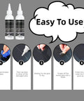 Windshield Chip And Crack Repair Kit With 30ml Resin for quick fix; step-by-step usage instructions with bottles and cleaning visuals.