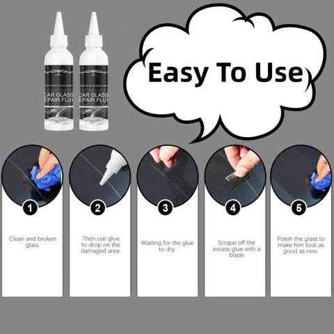 Windshield Chip And Crack Repair Kit With 30ml Resin for quick fix; step-by-step usage instructions with bottles and cleaning visuals.