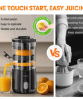 Keerain Electric Orange Juicer Hand-Free Citrus Squeezer with 100W Motor And Cleaning Brush extracting juice with oranges in kitchen.