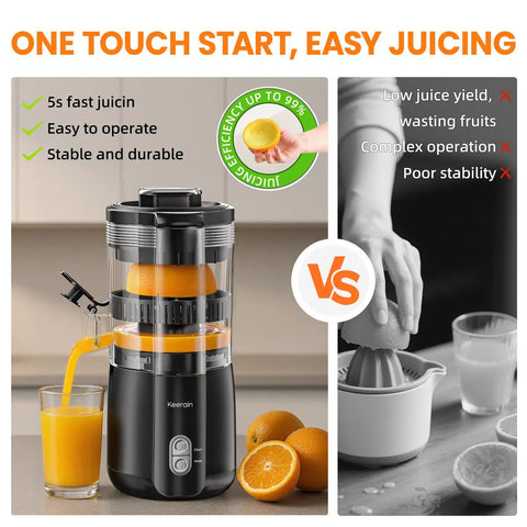 Keerain Electric Orange Juicer Hand-Free Citrus Squeezer with 100W Motor And Cleaning Brush extracting juice with oranges in kitchen.