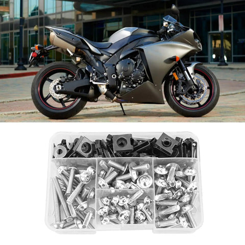 Aluminum M5 Motorcycle Screws Fairing Kit With 177 Piece Washer Assortment For Sportbike Body Panels, shown with bike and hardware case