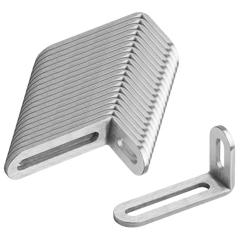 Twenty Pack Rock Solid Stainless Steel Slotted L Angle Brackets Corner Support Hardware Built To Last For Carpentry And Home Repairs Friendly No Fuss Setup 3 1 8 Inch Size With Smooth Brushed Look stacked and one angled up.