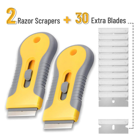 Two Pack Razor Blade Scraper Tool Set With 30 Extra Carbon Steel Blades, Anti Slip Ergonomic Handle, Pro Grade Heavy Duty Scraper