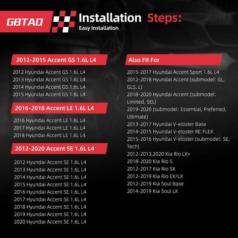 Installation guide for upgraded 4 piece ignition coil pack and iridium spark plug set for 1.6L L4 engines in Hyundai Accent Veloster Kia Rio and Kia Soul replaces UF652 C1803 high performance replacement.