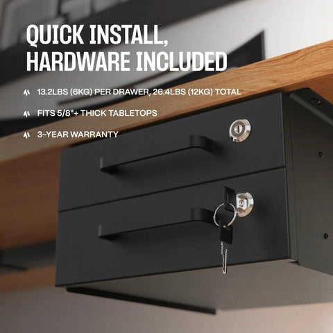 Undermount under desk drawer slide out lockable metal storage with built in cable management for office and home double drawer