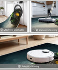 Cozy 5x6 Foot Non Slip Area Rug With Soft Plush Texture in dark green, shown with machine washing, vacuuming, and robotic cleaning options.