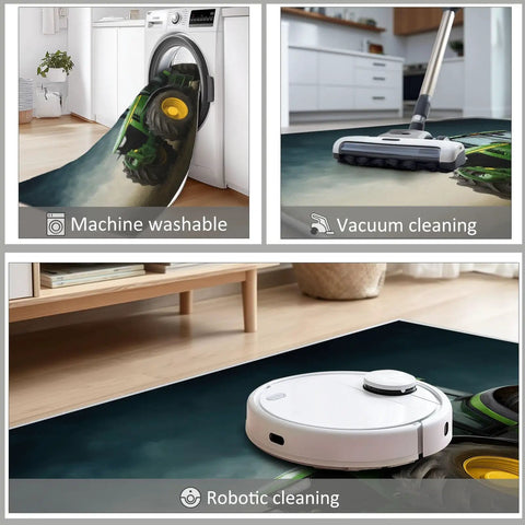 Cozy 5x6 Foot Non Slip Area Rug With Soft Plush Texture in dark green, shown with machine washing, vacuuming, and robotic cleaning options.