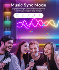 Friends enjoying music sync mode with Neon Rope Lights 10ft RGBIC LED Strip With Music Sync, color-changing LED decor.