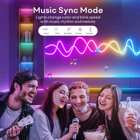 Friends enjoying music sync mode with Neon Rope Lights 10ft RGBIC LED Strip With Music Sync, color-changing LED decor.