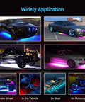 Various vehicles displaying the Lit Under Car LED Underglow Kit With App Control And Remote 16 Million RGB Colors 29 Presets Music Sync