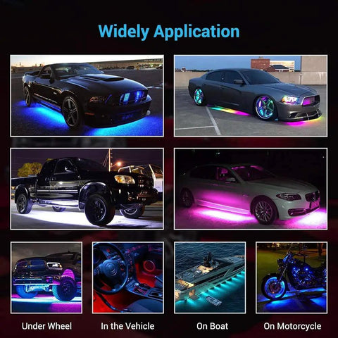 Image showcasing Lit Underglow Car Lights Kit With 16 Million RGB Colors And 29 Modes App And Remote Control Music Sync on various vehicles